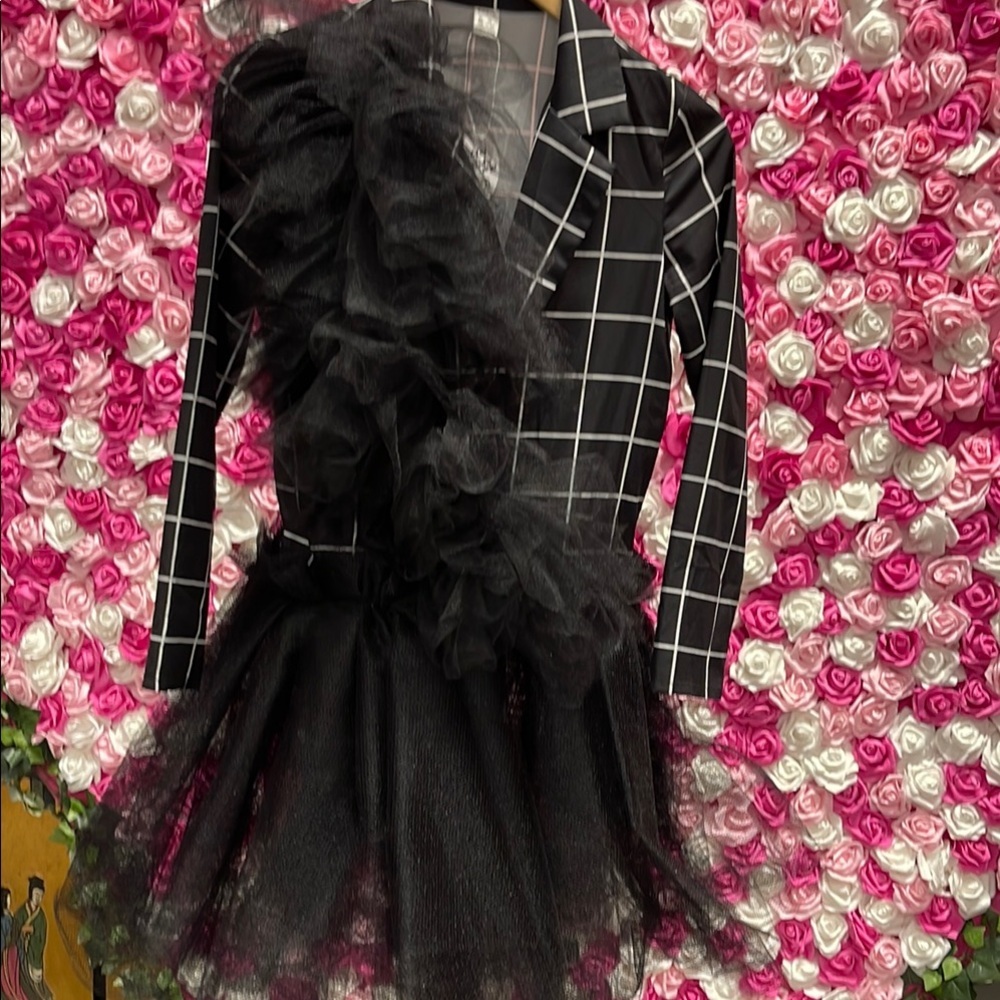 Upcycled SHEIN Black Checkered Jacket - Added Tulle